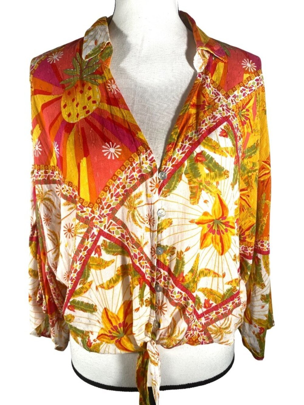 Haute Hippie Tropical Print Button-Up Tie-Front Blouse M boho festival hippie